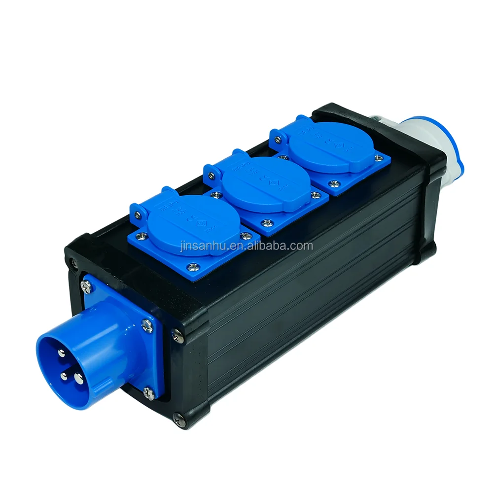 Portable Stage Power Distribution Box, 16A IEC60309 3Pin Plug to 3 Way EU Schuko Socket, IP44 Waterproof Power Splitter