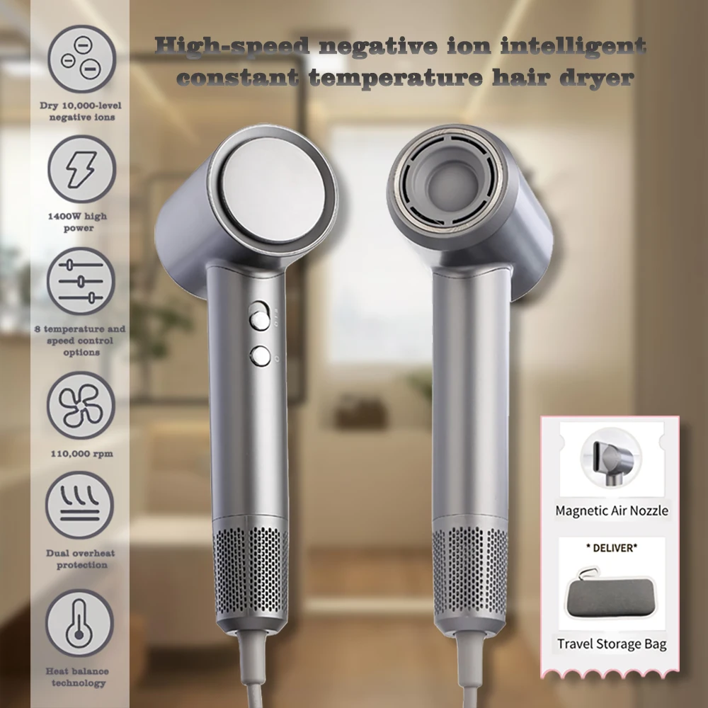 High-Speed 1400W Ionic Hair Dryer with Smart Constant Temperature, Magnetic Nozzle, 2 Speeds & Overheat Protection – 2 Colors