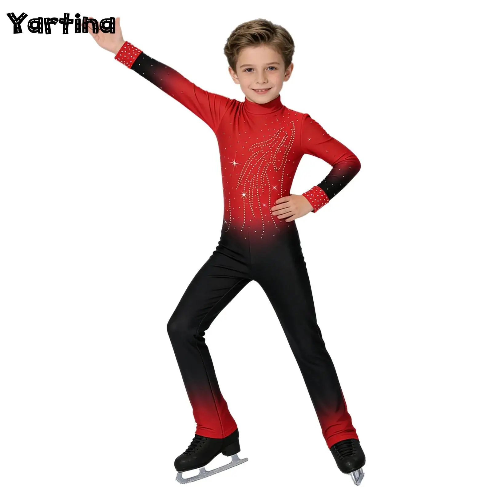 

Kids Boys Figure Skating Latin Ballet Dance Performance Costume Sparkly Rhinestones Decor Long Sleeve Jumpsuit Long Pants