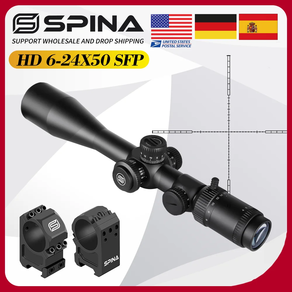SPINA OPTICS 6-24x50 Second Focal Plane Scope True HD Lens BDC Etched Glass Reticle Red&Green Illuminated Compatible high recoil