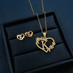 3Pcs Gold Color Dainty Flower Initials Necklace Women Girl Stainless Steel Heart Letter Choker Necklace Gifts Jewelry