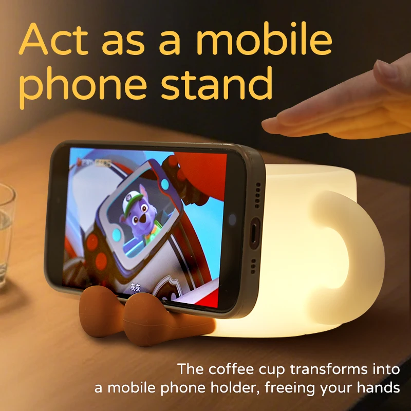Coffee Cup Night Light, Rechargeable Multi-Color Flash Light, Desk Decoration, Mobile Phone Stand, Holiday Gift