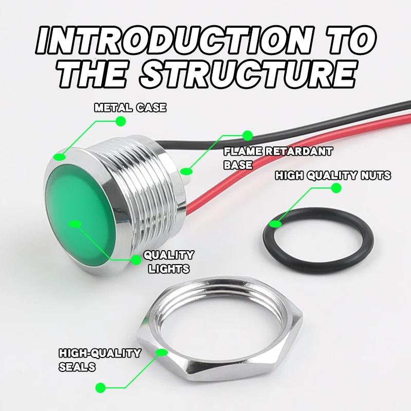 Indicatore LED in metallo Testa a sfera da 19 mm Tipo corto con filo Luce di segnale di alimentazione ad alta luminosità, impermeabile 24 V