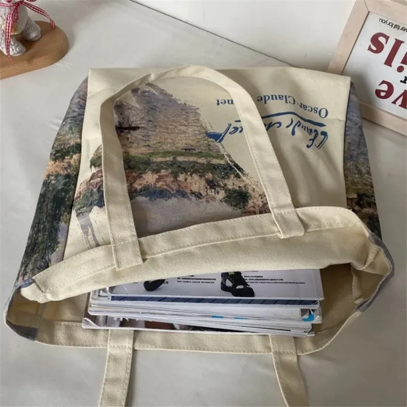 Women Canvas Shoulder Bag Art Oil Painting Ladies Casual Handbag Tote Bag Large Capacity Cotton Reusable Shopping Beach Bag