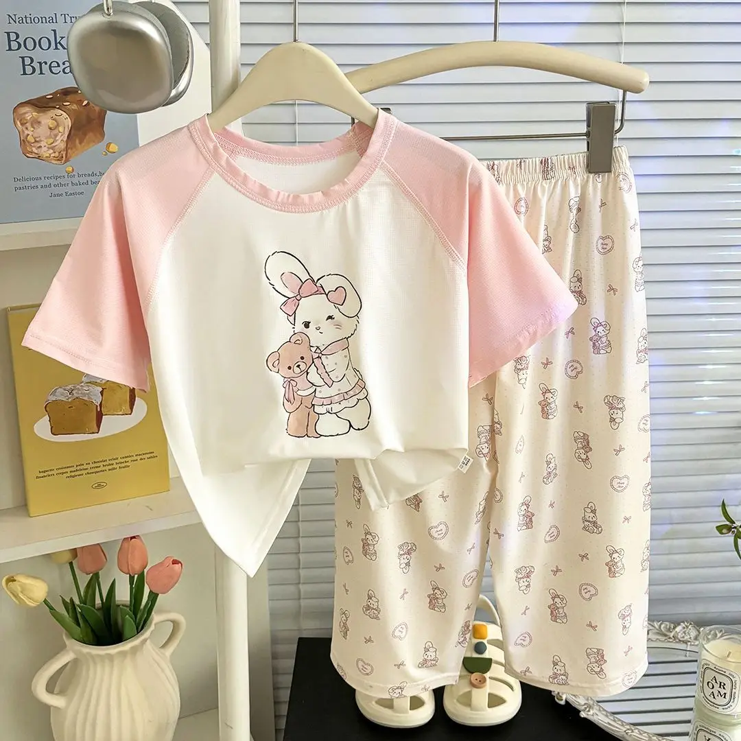 Summer Childrens Cartoon Short Sleeve Quick-Dry Breathable Pajamas Two-Piece Set for Boys Girls Baby Class A Safe