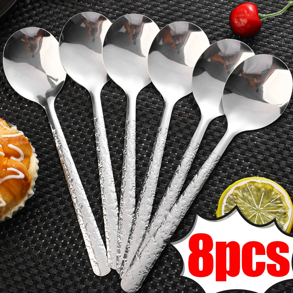 8/1PCS Stainless Steel Spoons New Ice Crackle Long Handle Soup Spoon Multi-purpose Dessert Drinks Coffee Spoon Kitchen Tableware