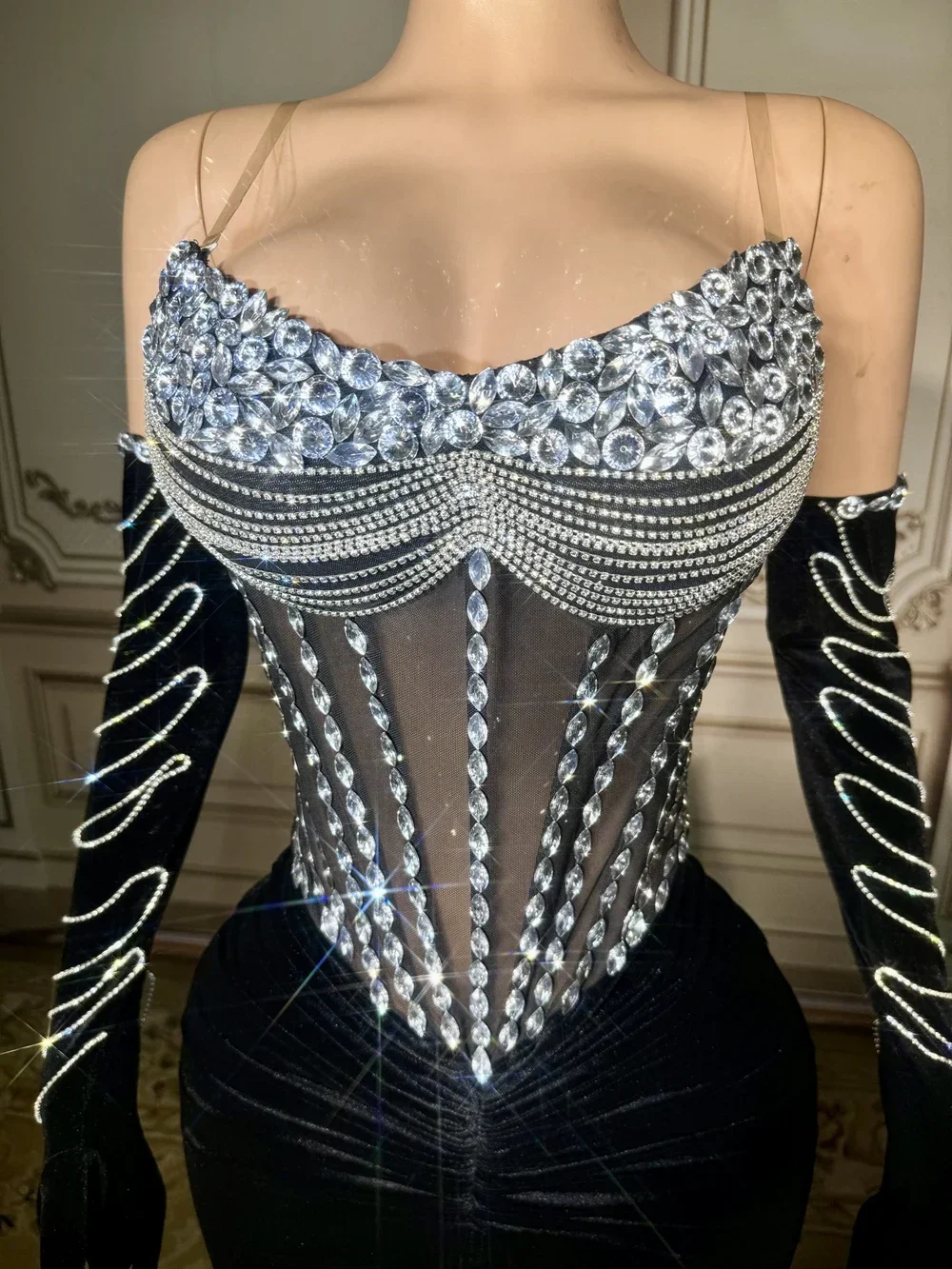 Vestido largo con diamantes de imitación brillantes para mujer, guantes de terciopelo de malla Sexy, vestido de boda para celebración de cumpleaños, ropa para sesión de fotos