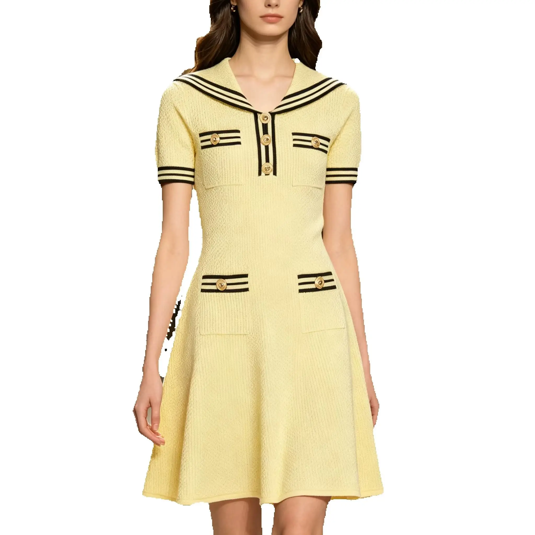 25290 Summer Fashionable Short Sleeved Navy Collar Ladies' Elastic Knitted Short A-line Women's Dress