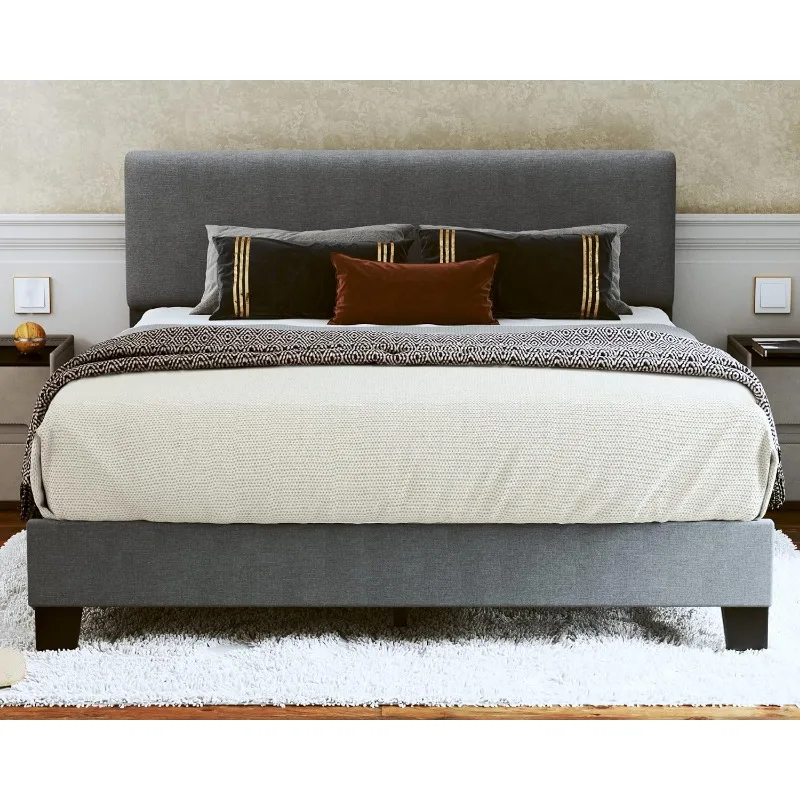 Queen Bed Frame Upholstered Bed Frame Platform with Adjustable Headboard Linen Fabric Headboard Wooden Slats Support