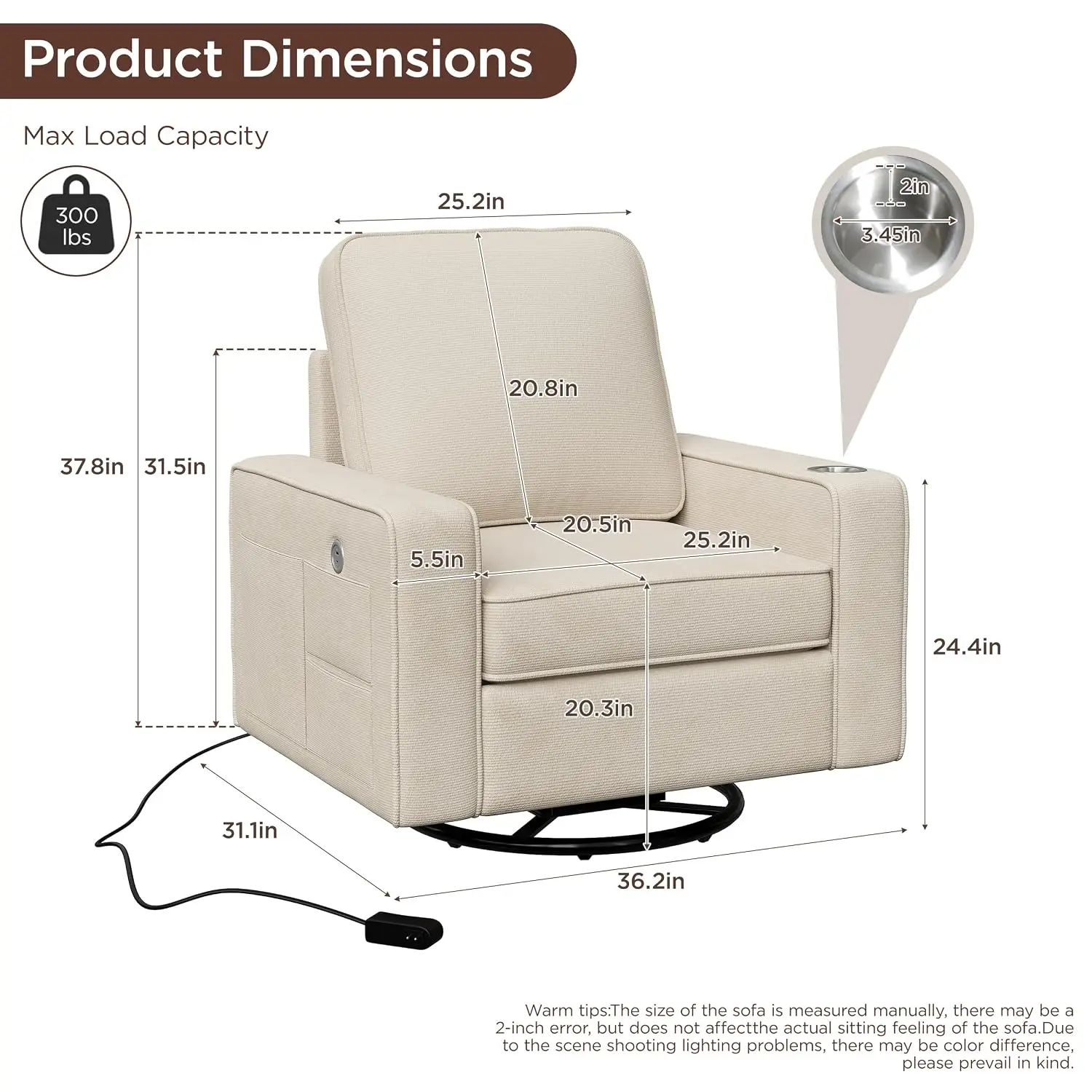 Swivel Square Accent Chair with Wide Armrests & 360° Rotating Base, Customized