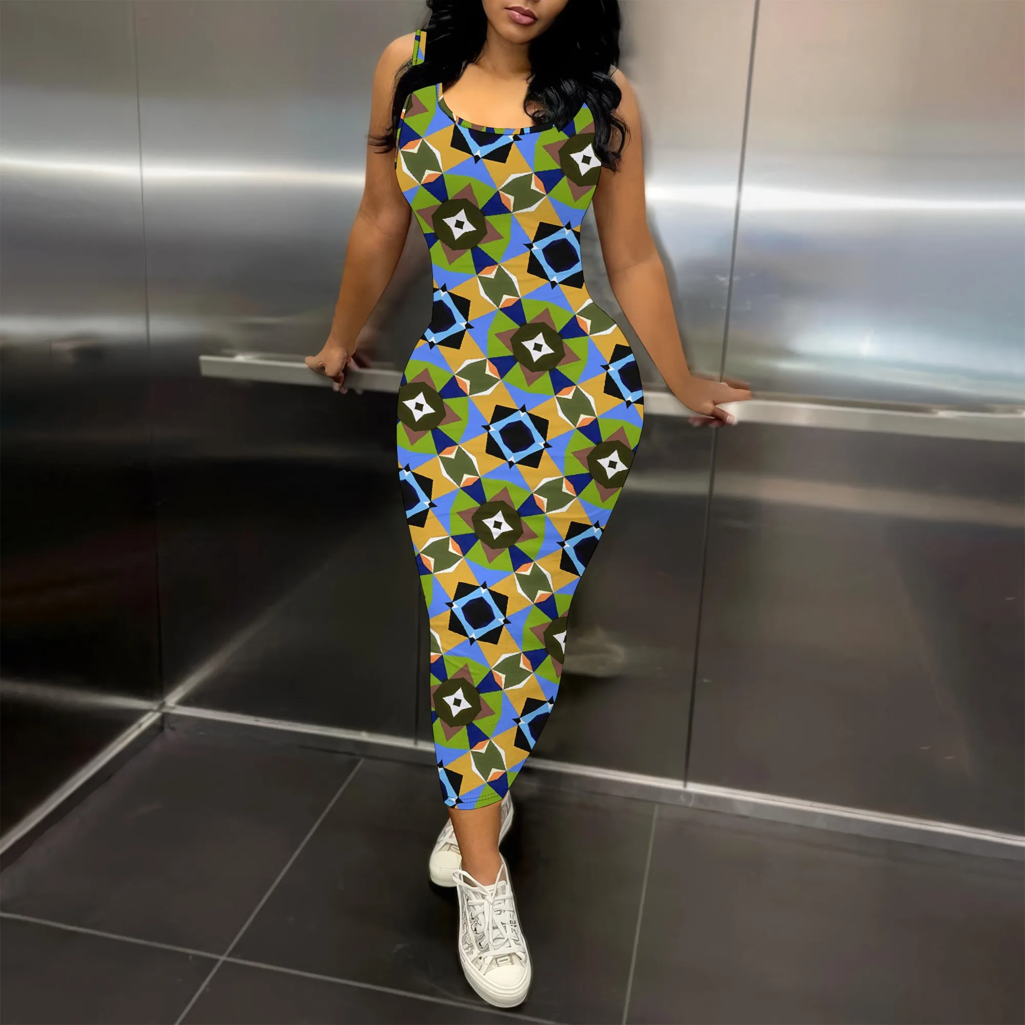 

Nupusa Geometric Print Dress for Women Regular Size Summer Casual Sleeveless Bodycon Maxi Dress