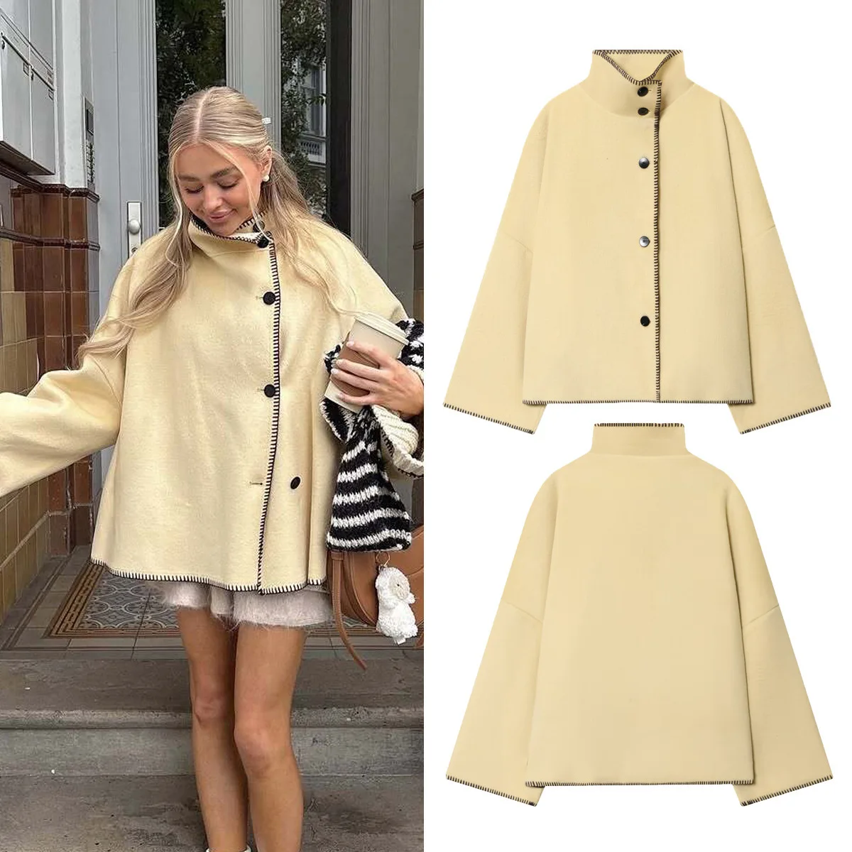 

Women's Clothing 2025 Autumn Style High Collar Single-Breasted Long Sleeve Woolen Jacket Coat For Women B69394