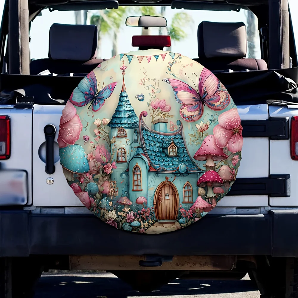 One Piece Of 2D Flat-Printed Tire Cover Featuring A , Butterfly, And Mushroom House Design, Made From 100% Polyester. Ideal For
