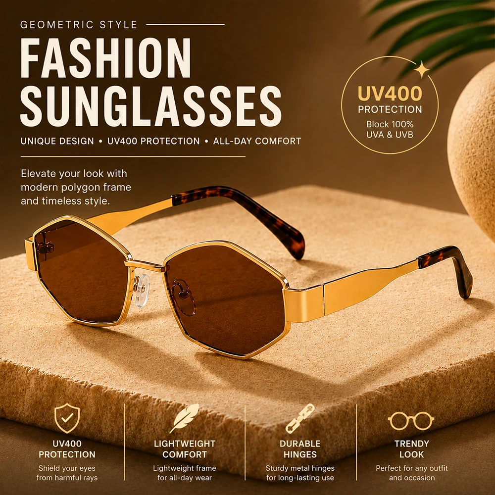 Fashion Hexagon Sunglasses Women Men Vintage Metal Frame Geometric Polygon Sun Glasses Retro Designer UV400 Eyewear Shades