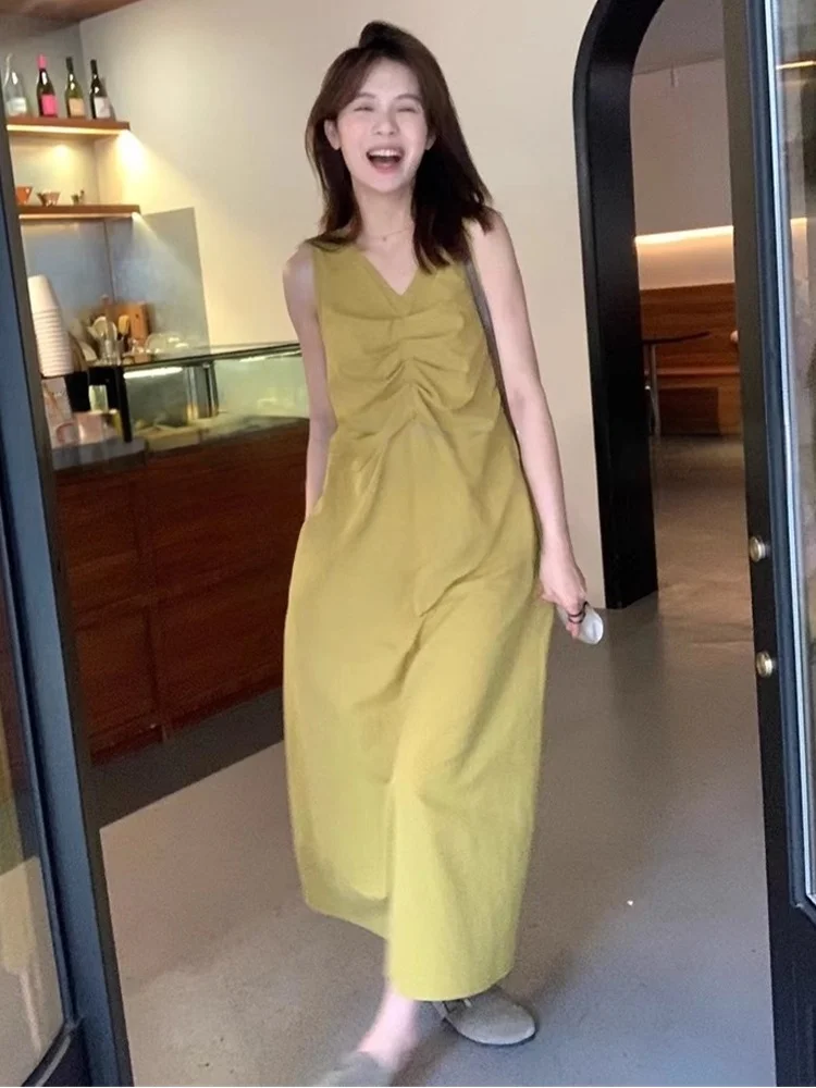 

ROUJE KEFSS Casual Cotton Lin Dress Women's Summer Leisure Slimming Sleeveless Vest Long Dress High Waist A-Line Skirt