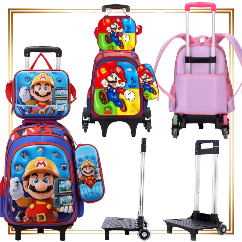 

Mario Trolley School Bag Two Wheels Student Backpacks Backpack 3-piece Set Stitch Spider-Man School Supplies Anime Peripherals