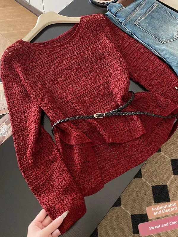 

Женский свободный вязаный топ с длинными рукавами и вырезами, в французском стиле, модная верхняя одежда для похудения, повседневная одежда на осень 2025 года