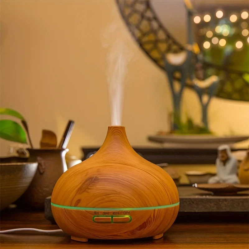 Large Room 550ml Wood-Grain Cool Mist Humidifier - Super Quiet Operation, 7-Color LED Lights, Auto Off, USB Charged