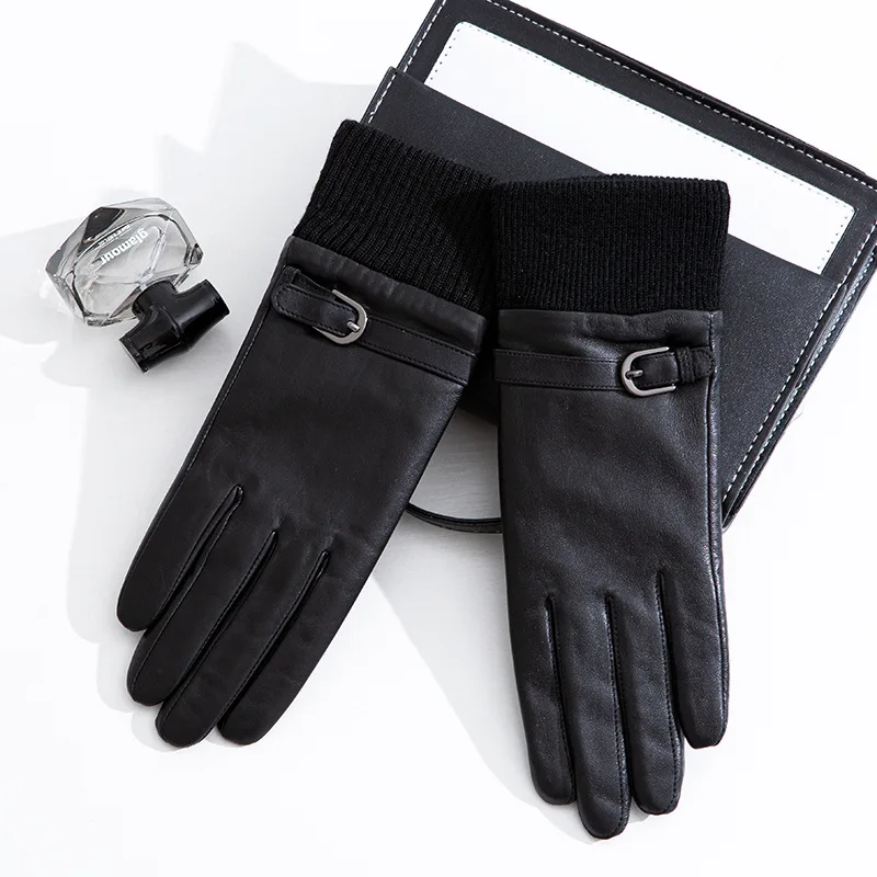

New Women's Sheepskin Gloves Autumn Winter Touch Screen Warm Fleece Lining Driving Leather Motorcycle Gloves Winter