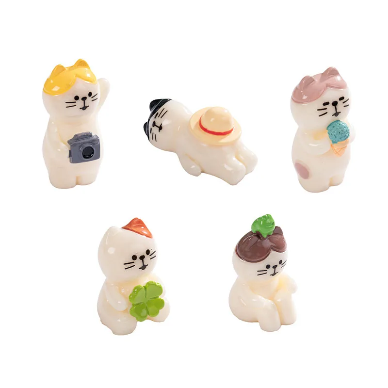 5pcs Mini Cat Figurines Travel Taking Photos Ice Cream Thinking Resting Cat Miniature Ornament Fairy Garden Dollhouse Decor