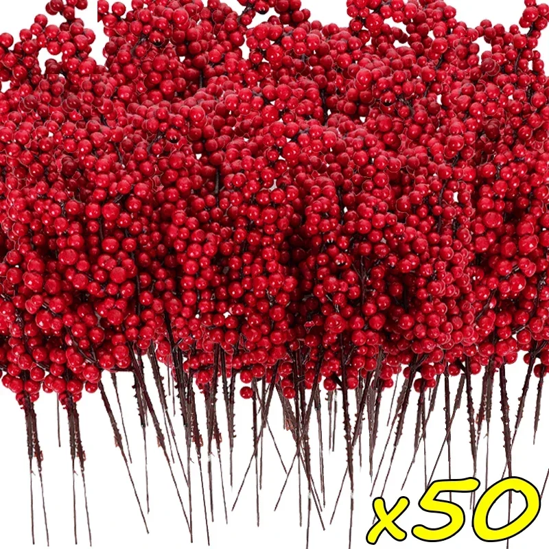 50/1 rama de bayas artificiales navideñas, tallo de bayas de acebo rojo, plantas de flores falsas para árbol de Navidad, fiesta de año nuevo, adorno de decoración del hogar