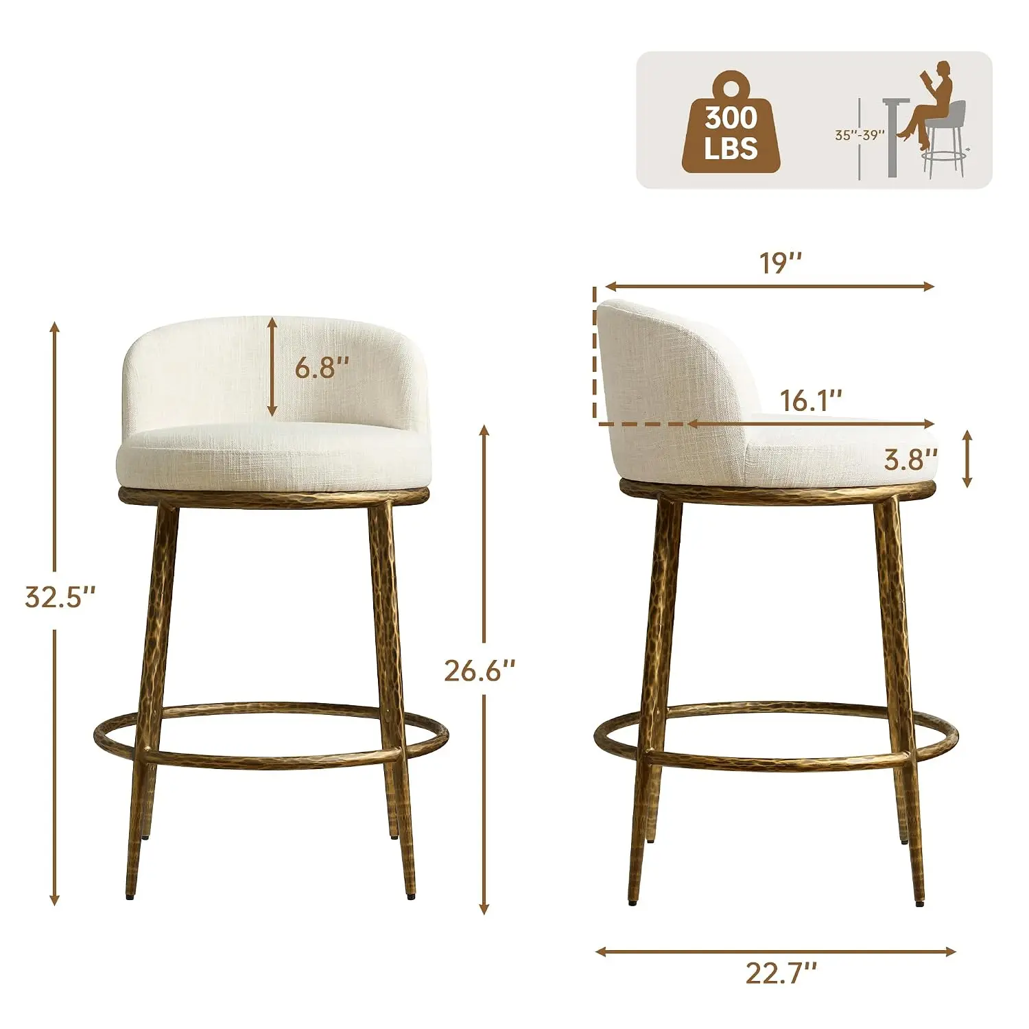 Hammered Counter Height Bar Stool With Low Back, Antique Gold | Linen Fabric, Upholstered Seat, Metal Frame,, Customized