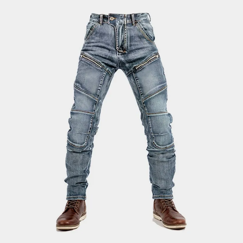 Men Washed Patchwork Biker Jeans, Double Zipper Multi‑Pocket Slim Fit Stretch Moto Riding Cargo Denim Trousers for Men