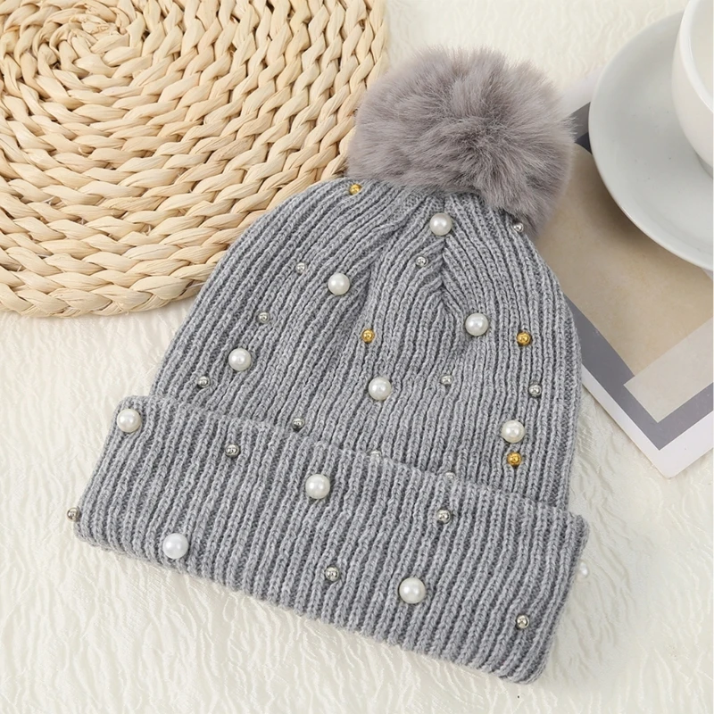 Trendy Pearl Pompom Woolen Hat Thicken Knitted Beanie Hat Knit Wool Hat Show Face Small Wild for Halloween Xmas New DropShipping