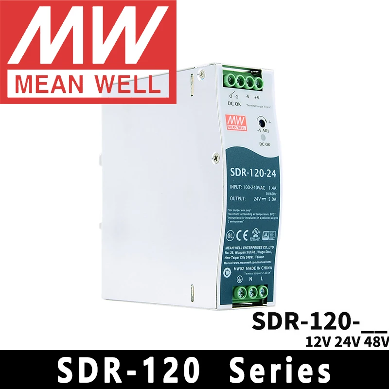 Original Mean Well SDR-120-12/24/48 meanwell AC/DC 12V/24V 120W Single Output Industrial DIN Rail with PFC Function Power Supply
