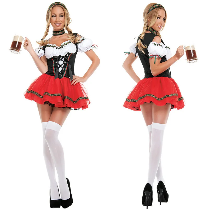 

Women German Oktoberfest Costume Maid Stage Costume Carnival Party Beer Dress with Necklaces Headdresses Socks