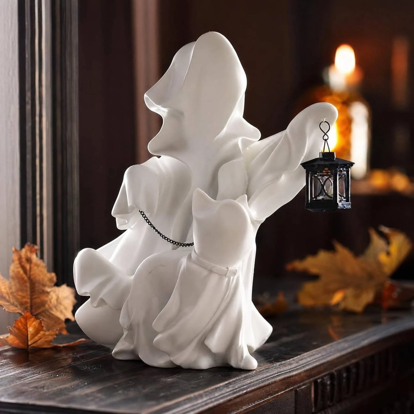 Ghost Statue with Cat Cute Ghost with Walking Cat Ornament Whimsical Decor Charming for Mantel, Entryway