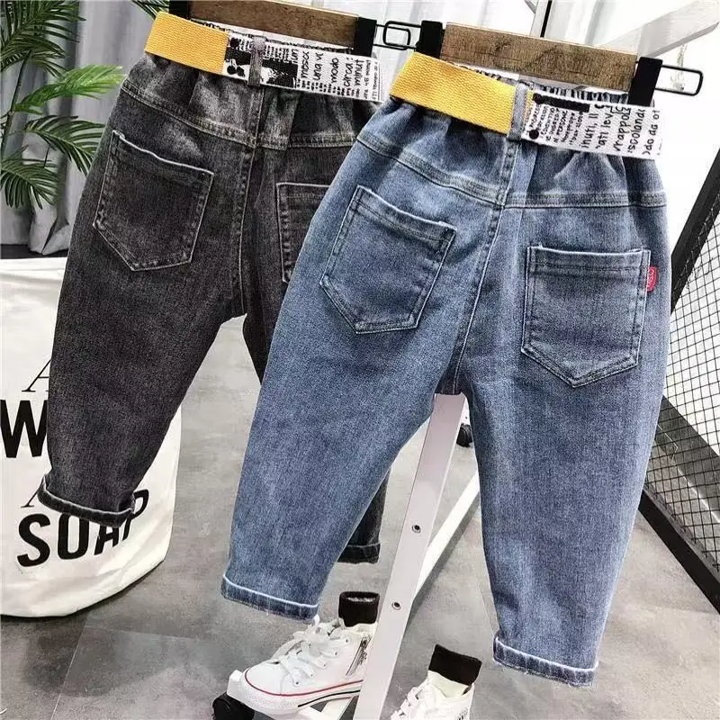 

Kids Boys Jeans Spring and Autumn 2026 New Style Children's Baby Elastic Slim Pants With Belt 90-130cm