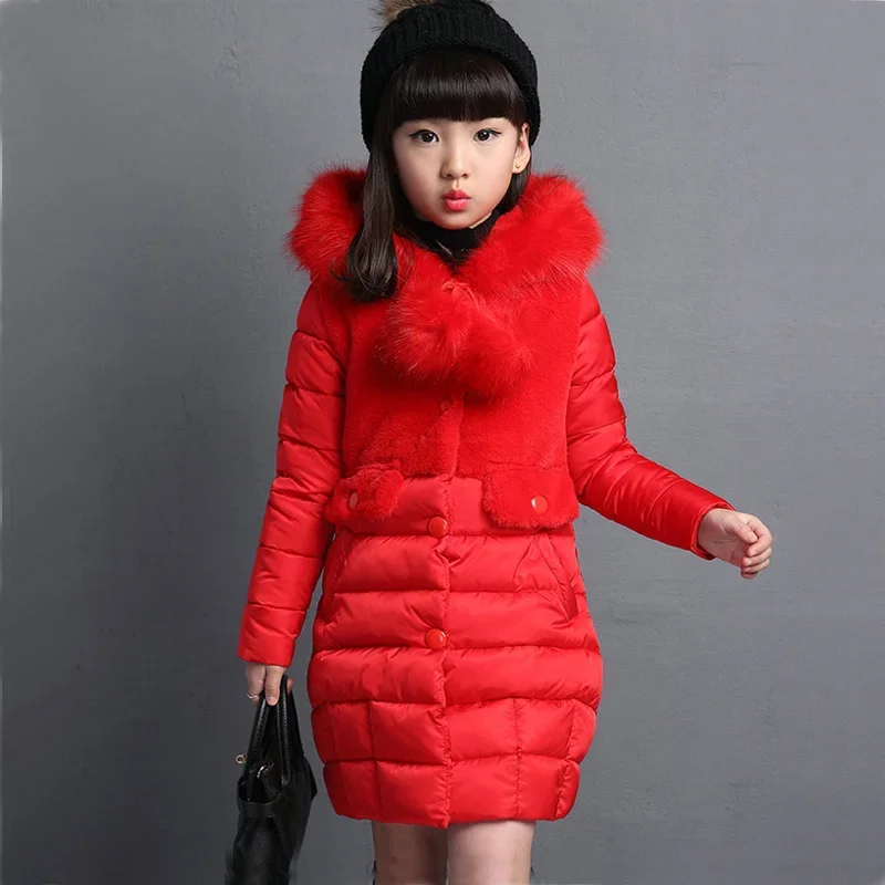 2024 Winter Warm Jackets for Girls 4 6 8 10 11 12 14 Years Old Fashion Fur Hooded Children Baby Outwear Kids Cotton Lined Parkas