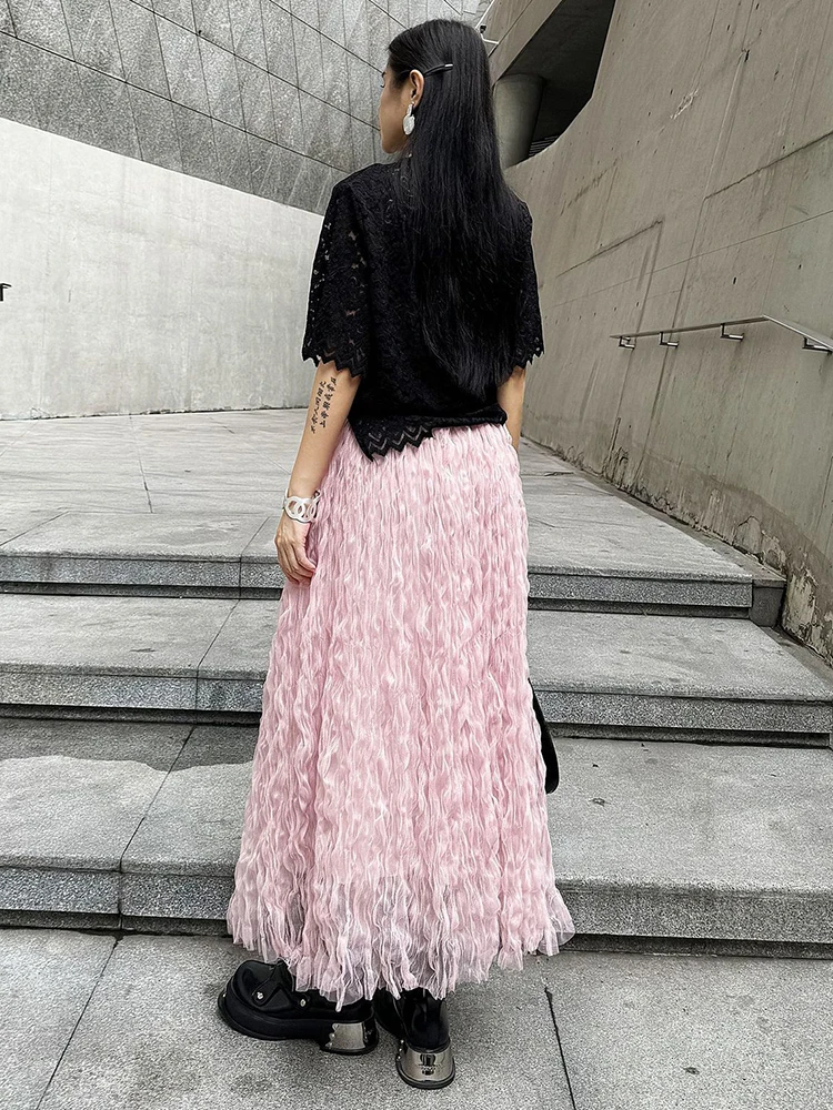 [EAM] High Elastic Waist Black Pleated Mesh Casual A-line Half-body Skirt Women Fashion Tide New Spring Autumn 2024  1DH5148