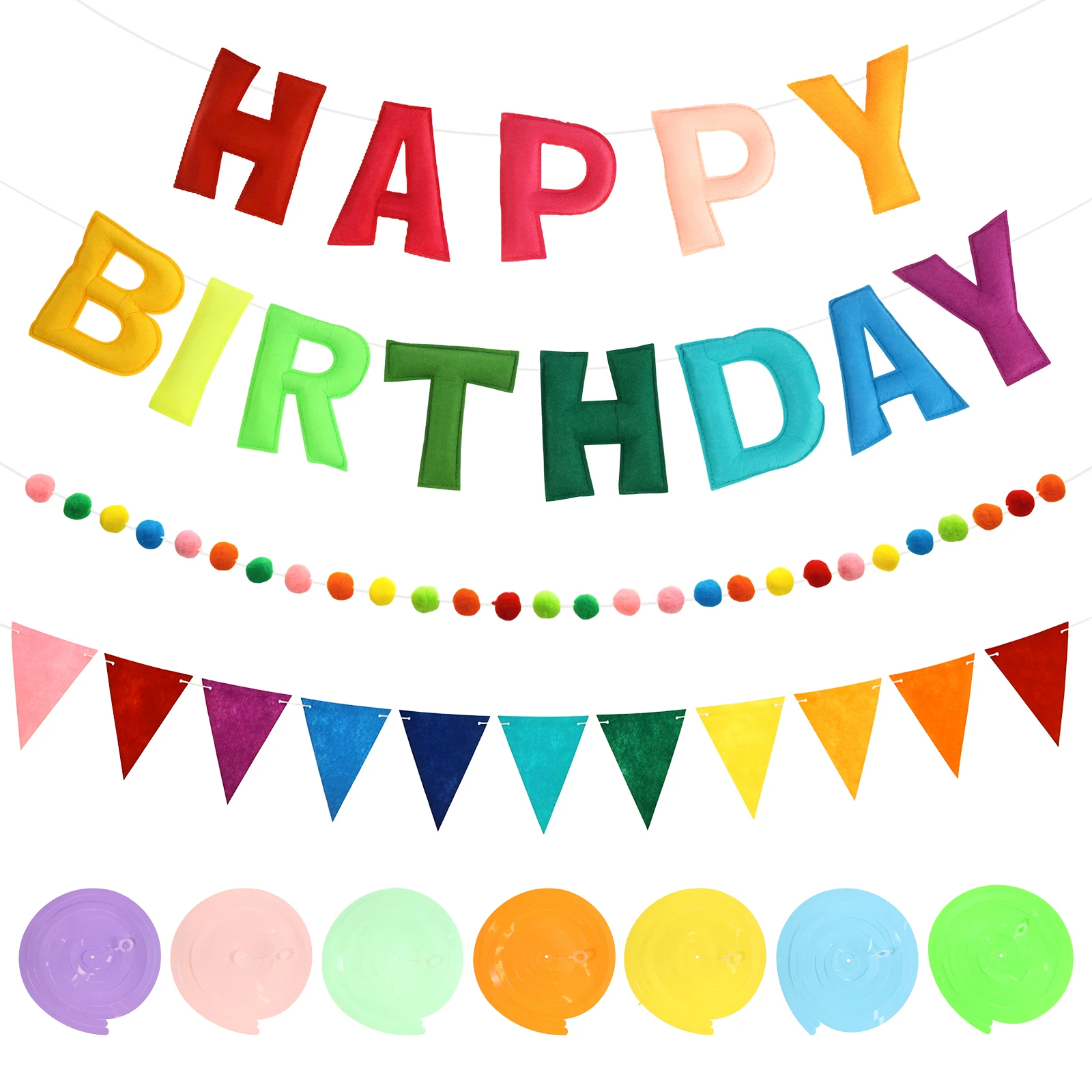 Alles Gute zum Geburtstag Banner Deko, Bunte Regenbogen Geburtstagsdekorationen für Filz „Alles Gute zum Geburtstag“ Schild, Pompon Girlande, Dreieckige Wimpelkette
