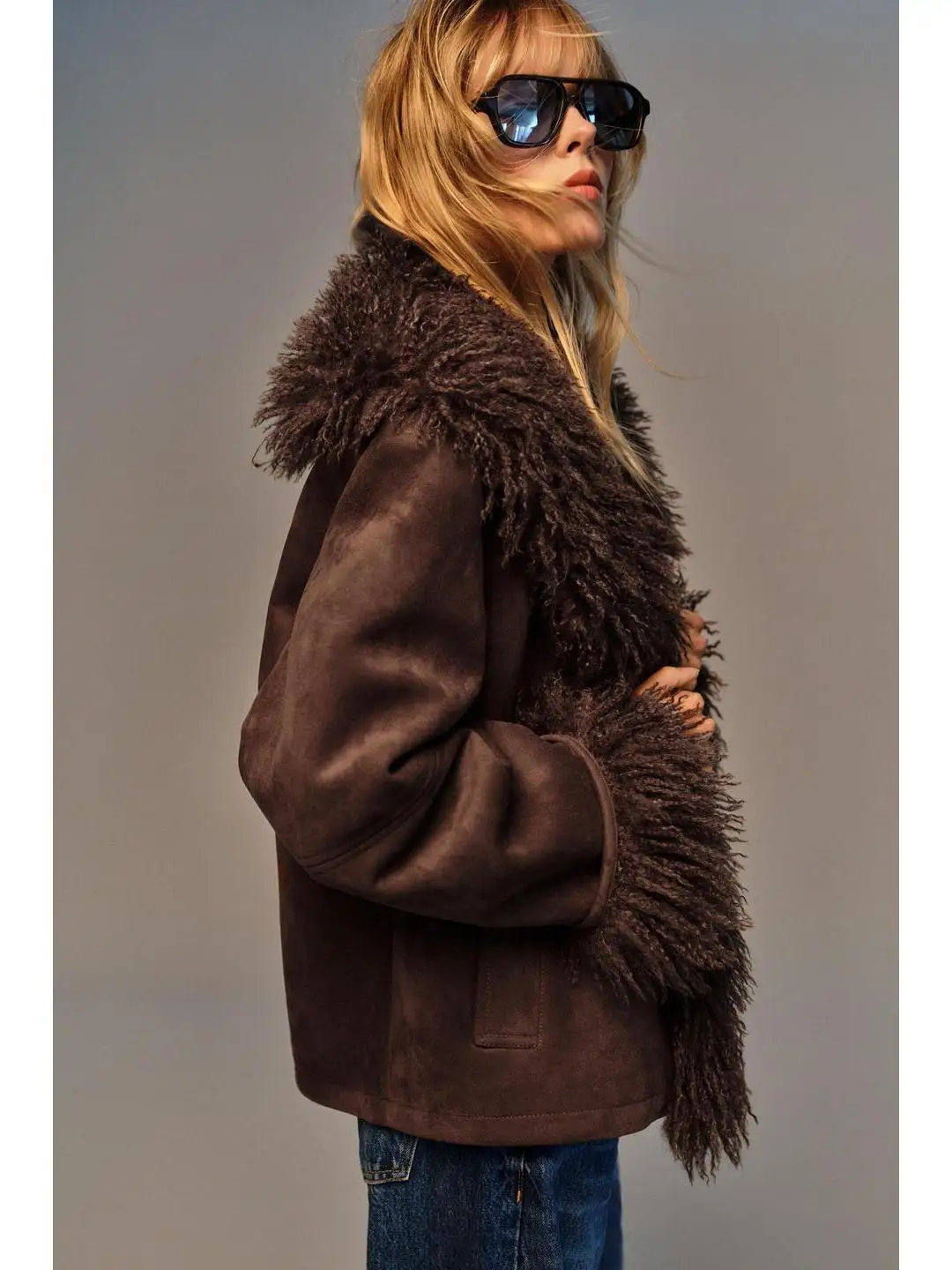 

Casual Faion Double-Sided Artificial Fur Effect Jaet Stand Collar Coat for Women Regular Thin Long Sve Autumn Wear