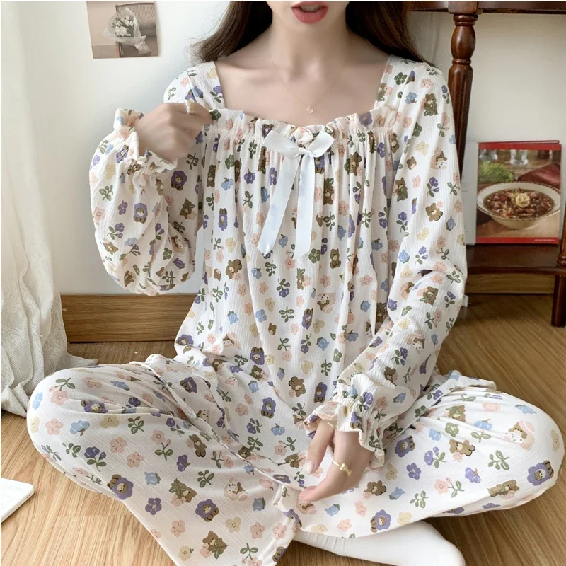 Plus Size Pajama Mujer Cherry Print Sleepwear Set Long Sleeve Top Pants Ruffle Homewear Skin-Friendly Breathable