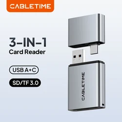 CABLETIME Card Reader 3 in 1 USB 3.0 5Gbps USB A USB C Combined Design SD/TF Cards Portable  Aluminum Alloy for iPhone iPad