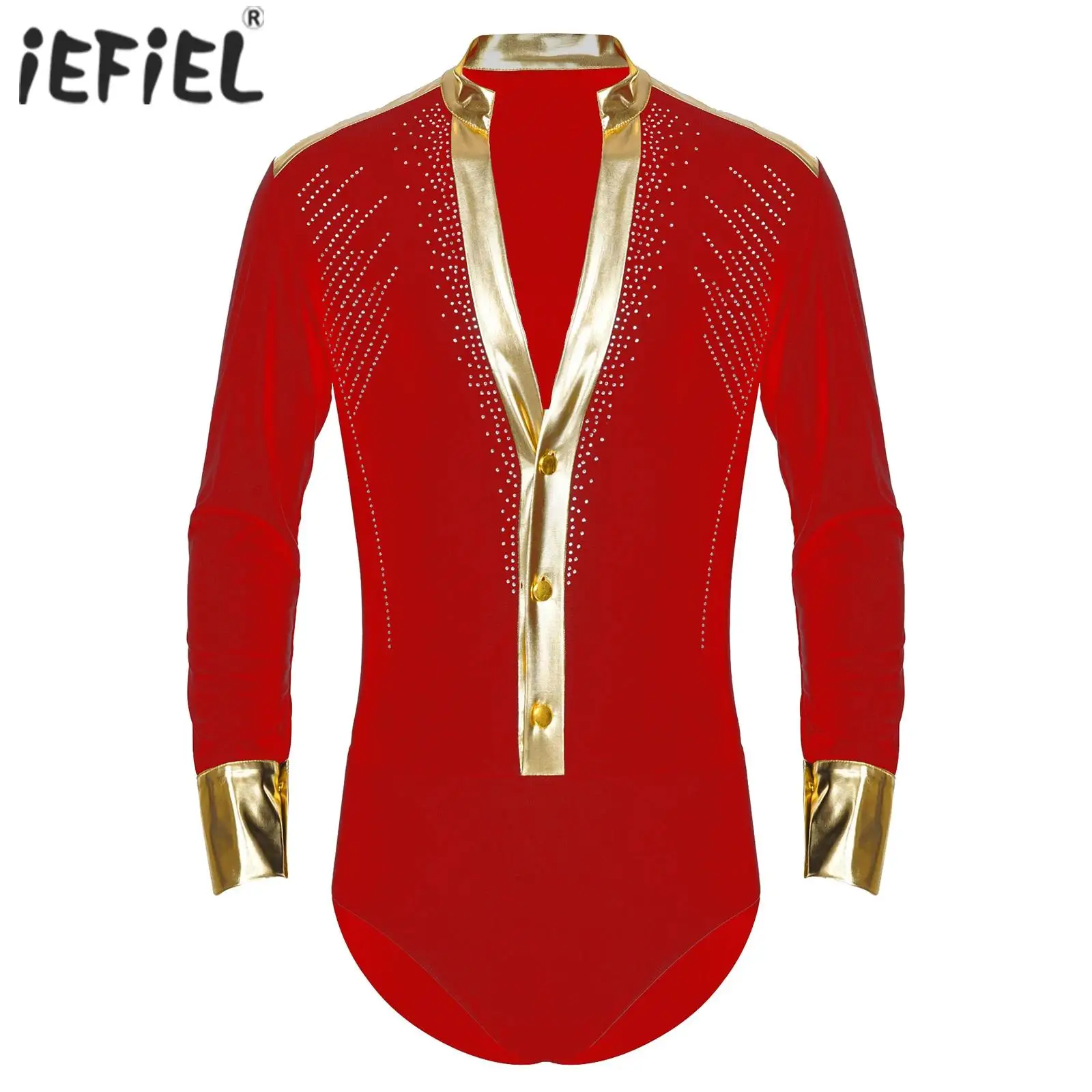 Mens Gymnastics Figure Skating Latin Samba Ballroom Dance Leotard Deep V Neck Long Sleeve Metallic Shiny Rhinestones Bodysuit