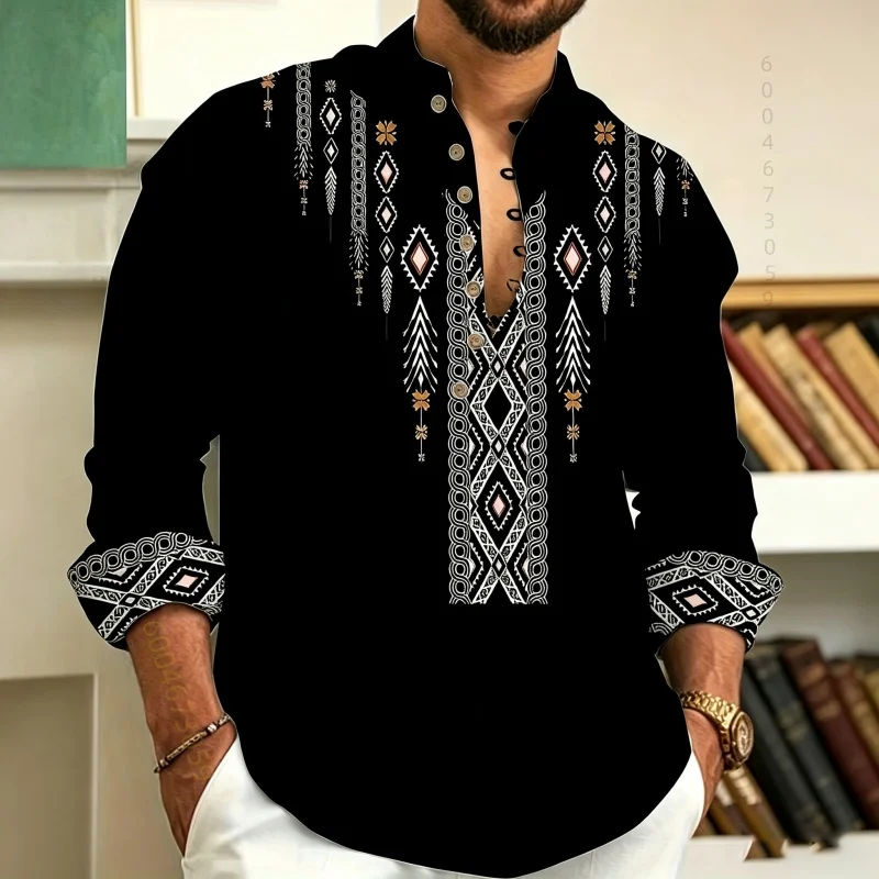 

Men's shirt Henry collar polo long sleeved shirt retro ethnic geometric print fashionable design loose casual men's top XS-6XL