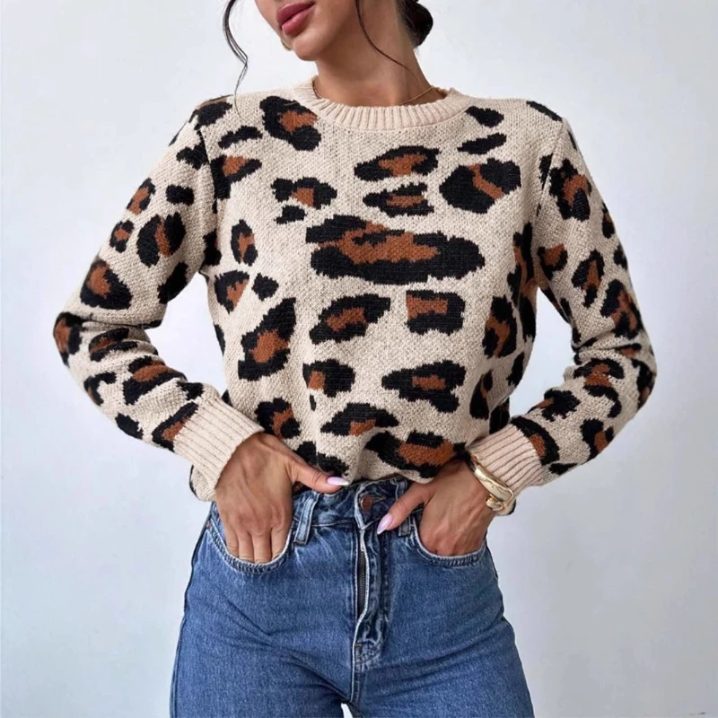 

Fall/Winter 2025 New Round Neck Retro Commuter Break Contrast Leopard Print Pullover Sweater