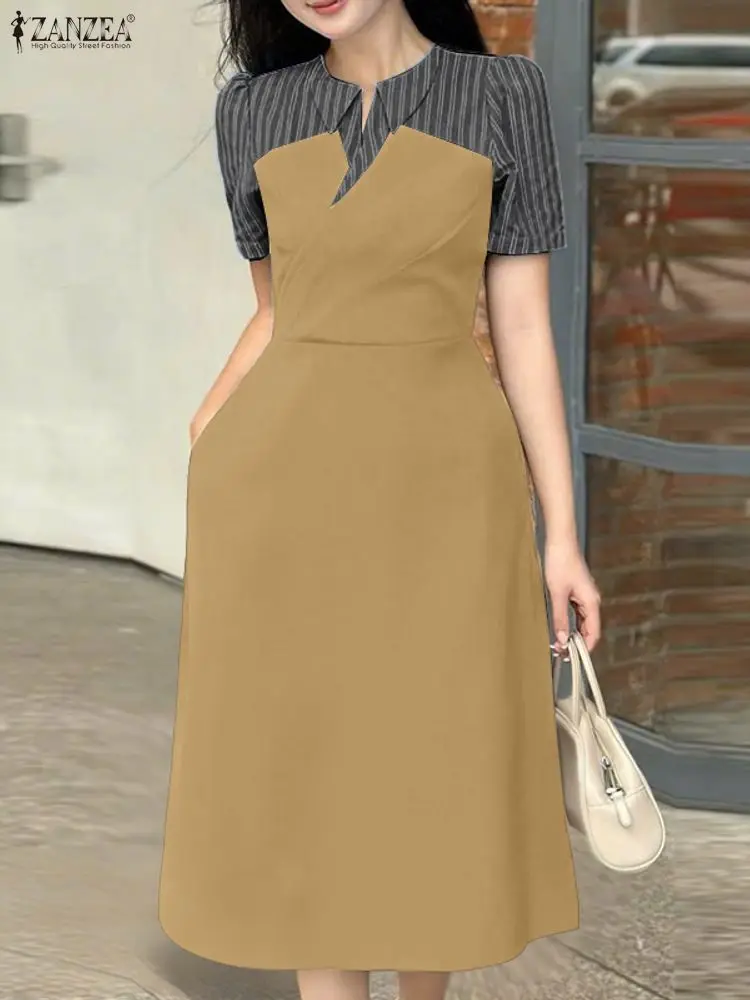 ZANZEA Stylish Women Patchwork Dresses 2025 Summer Dress Elegant Lapel Neck Short Sleeve Office Stripe Sundress OL Work Vestidos