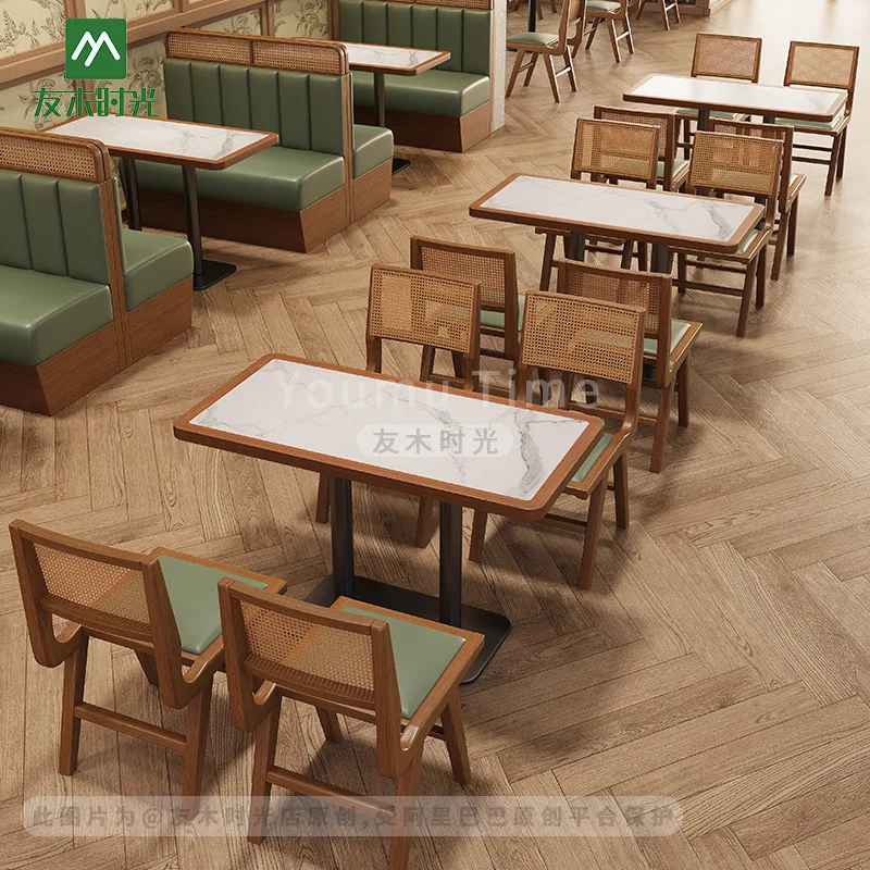 Chain Theme Restaurant Solid Wood Braided Rattan Card Seat Sofa Restaurant South East Asia Fusion Restaurant Table and Chair Com