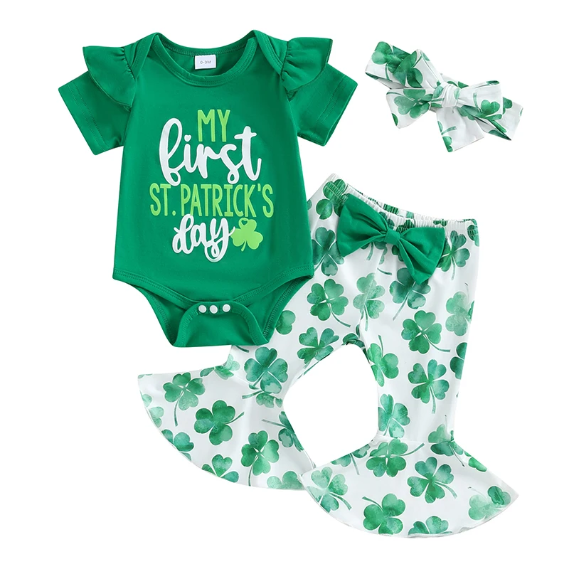 My First Patrick s Day Baby Girl Outfit Letter Print Short Sleeve Romper Clover Print Flare Pants Headband 3Pcs Set