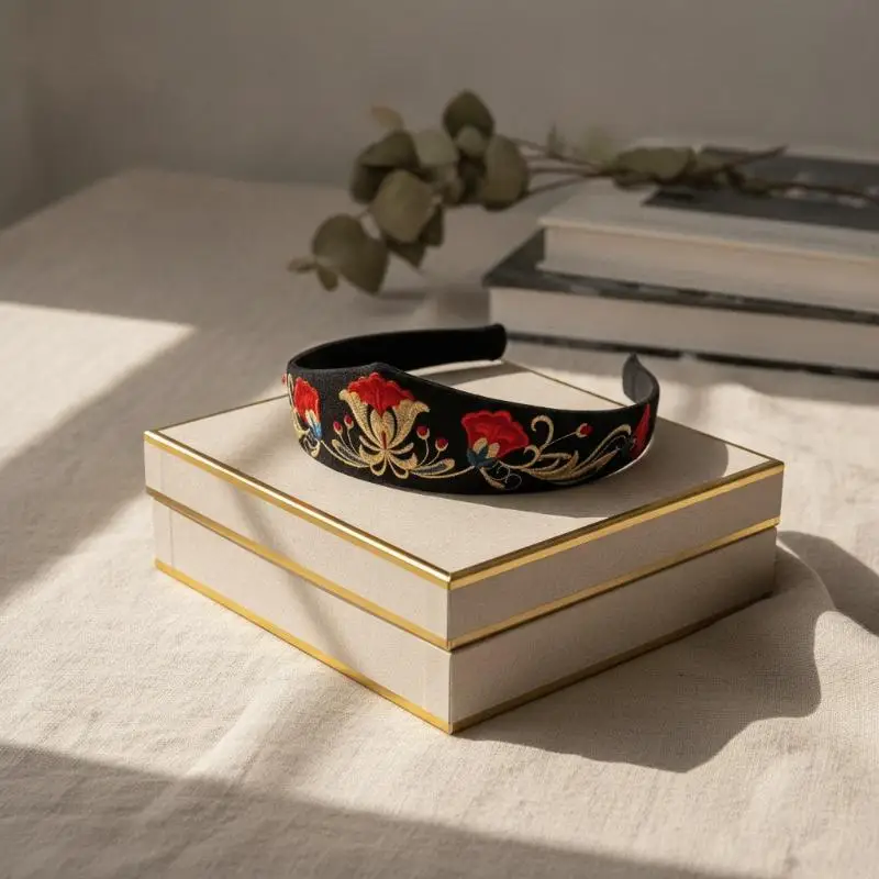 New Women's Vintage Russian Ethnic Floral Embroidery Wide Headband Non-slip Pointed Hairband for Party Daily Wear