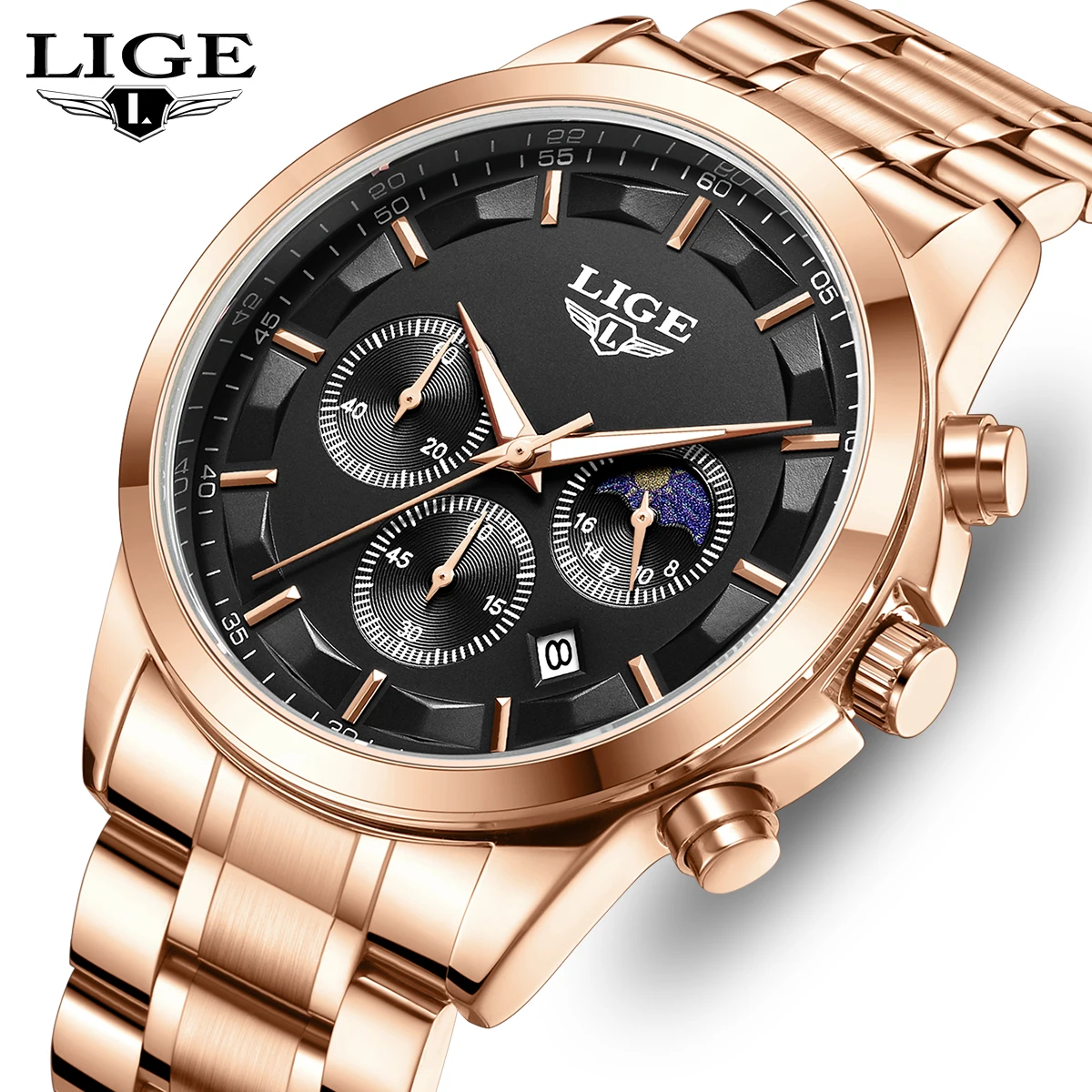 

Мужские наручные часы LIGE, бизнес-стиль, светящиеся, водонепроницаемые, с календарем и фазами луны, кварцевые, повседневные, модные, спортивные часы для мужчин, reloj+BOX