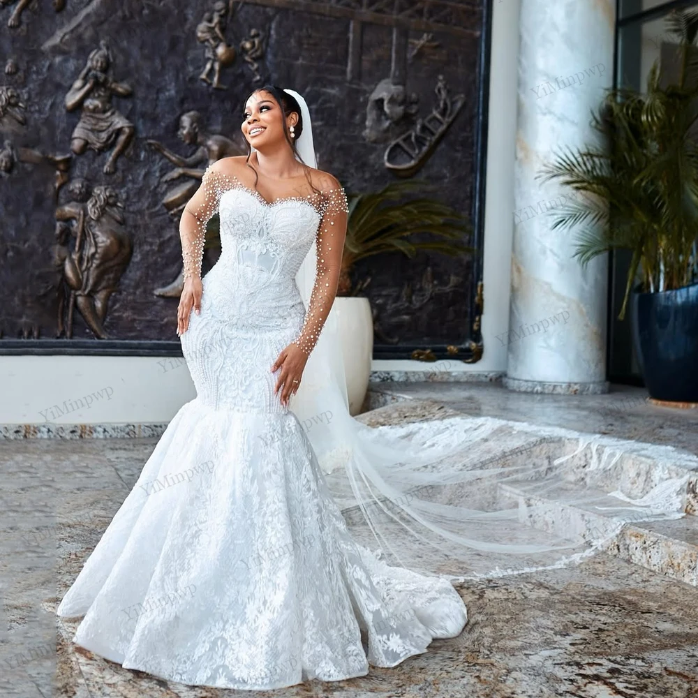 Applique Aso Ebi Wedding Dresses 2026 Pearls Full Sleeve Crystals Bride Gowns For African Women Mermaid Button Back Customized