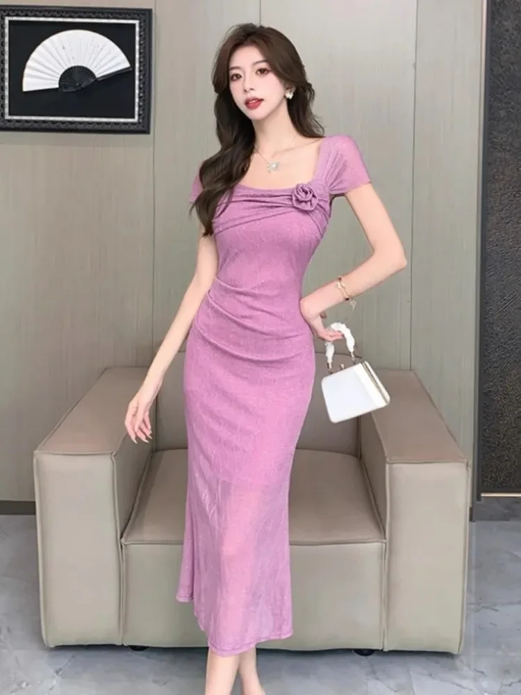 Topenomi French Sexy Wedding Party Dress Women Elegant 3D Flower High Waist Slim Evening Gown Fashion Banquet Cocktail Vestidos