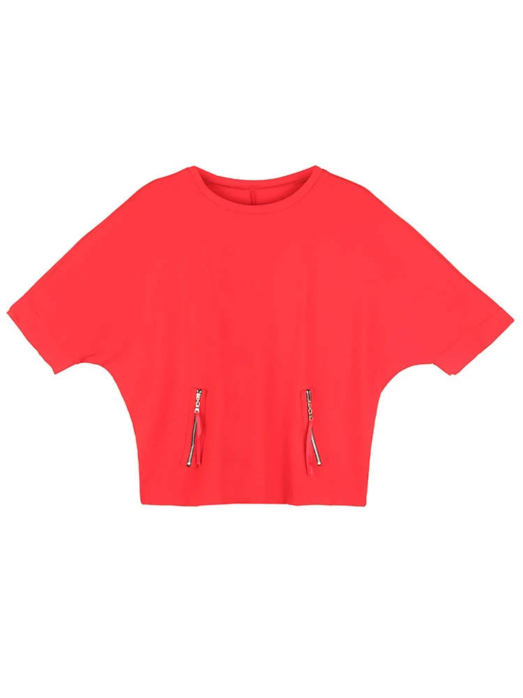 [Eam] feminino vermelho zíper tamanho grande casual camiseta novo em torno do pescoço meia manga solto ajuste moda maré primavera outono 2024 1df5292