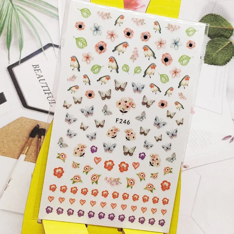 Bird Peach Blossom 3D Nail Sticker Decals for Manicure Nails Decorations